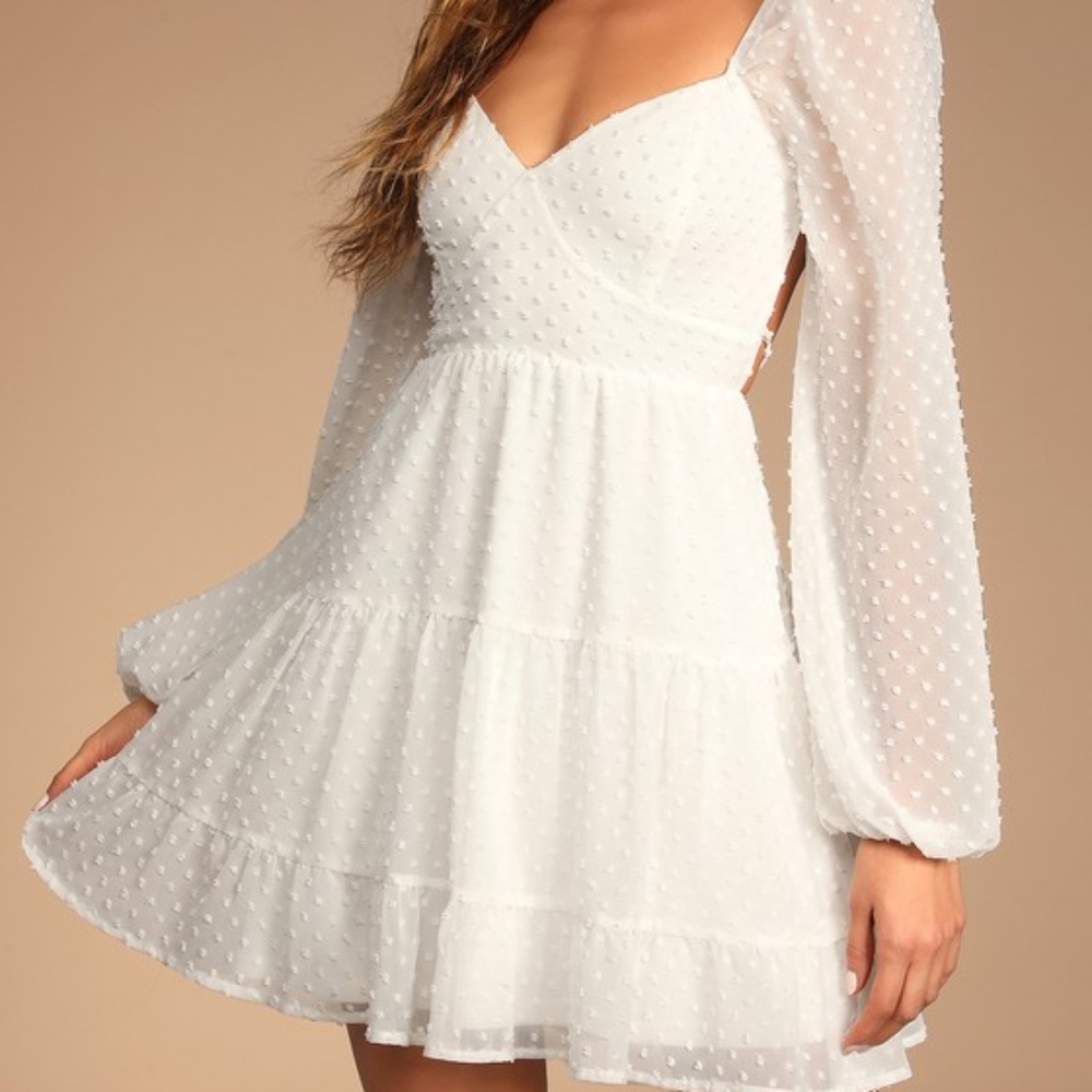 Lulus Longing And Love White Swiss Dot Puff Long Sleeve Mini Dress - Size XL